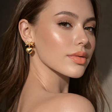 Gold Bow Heart Drop Stud Earrings for Women Girls | Cute Dangle Heart Charm Jewellery, Fashion Party Earrings, Gift for Her thumbnail 5