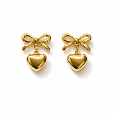 Gold Bow Heart Drop Stud Earrings for Women Girls | Cute Dangle Heart Charm Jewellery, Fashion Party Earrings, Gift for Her thumbnail 0