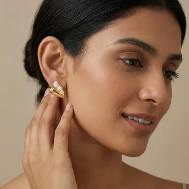 Gold Tone Pearl Stud Earrings for Women with Curved Modern Design Minimal Fashion Jewellery for Daily Wear Office Wear Casual Ethnic Looks thumbnail 1