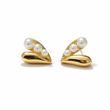 Gold Tone Pearl Stud Earrings for Women with Curved Modern Design Minimal Fashion Jewellery for Daily Wear Office Wear Casual Ethnic Looks thumbnail 2
