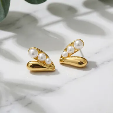 Gold Tone Pearl Stud Earrings for Women with Curved Modern Design Minimal Fashion Jewellery for Daily Wear Office Wear Casual Ethnic Looks thumbnail 3