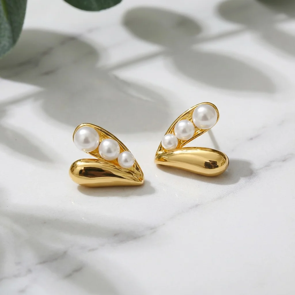 Gold Tone Pearl Stud Earrings for Women with Curved Modern Design Minimal Fashion Jewellery for Daily Wear Office Wear Casual Ethnic Looks image 5