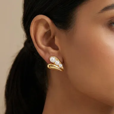 Gold Tone Pearl Stud Earrings for Women with Curved Modern Design Minimal Fashion Jewellery for Daily Wear Office Wear Casual Ethnic Looks thumbnail 0