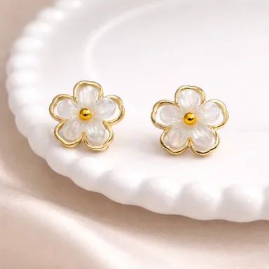Floral White Flower Stud Earrings for Women with Gold Tone Outline Minimal Everyday Wear Jewellery for Office Party Casual Gifting thumbnail 1