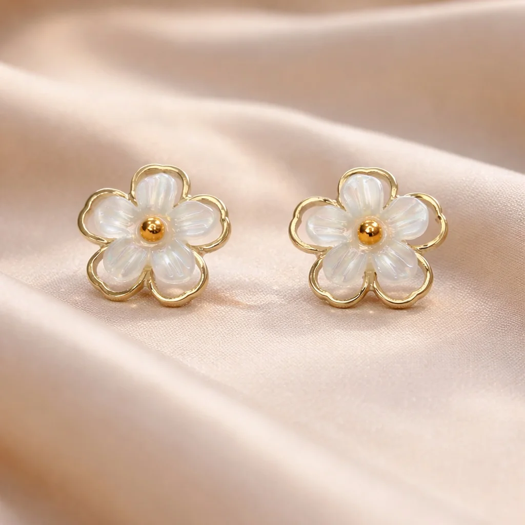 Floral White Flower Stud Earrings for Women with Gold Tone Outline Minimal Everyday Wear Jewellery for Office Party Casual Gifting image 3