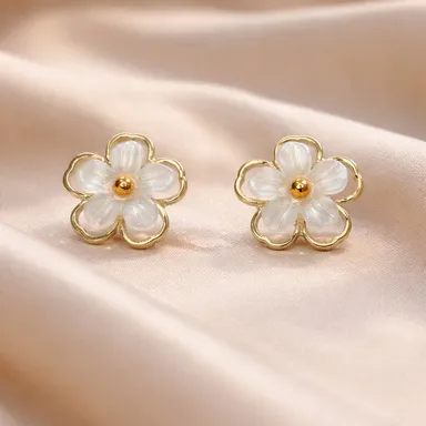Floral White Flower Stud Earrings for Women with Gold Tone Outline Minimal Everyday Wear Jewellery for Office Party Casual Gifting thumbnail 2