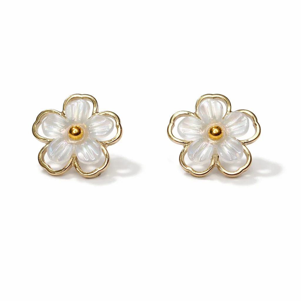 Floral White Flower Stud Earrings for Women with Gold Tone Outline Minimal Everyday Wear Jewellery for Office Party Casual Gifting image 4