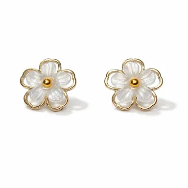 Floral White Flower Stud Earrings for Women with Gold Tone Outline Minimal Everyday Wear Jewellery for Office Party Casual Gifting thumbnail 3