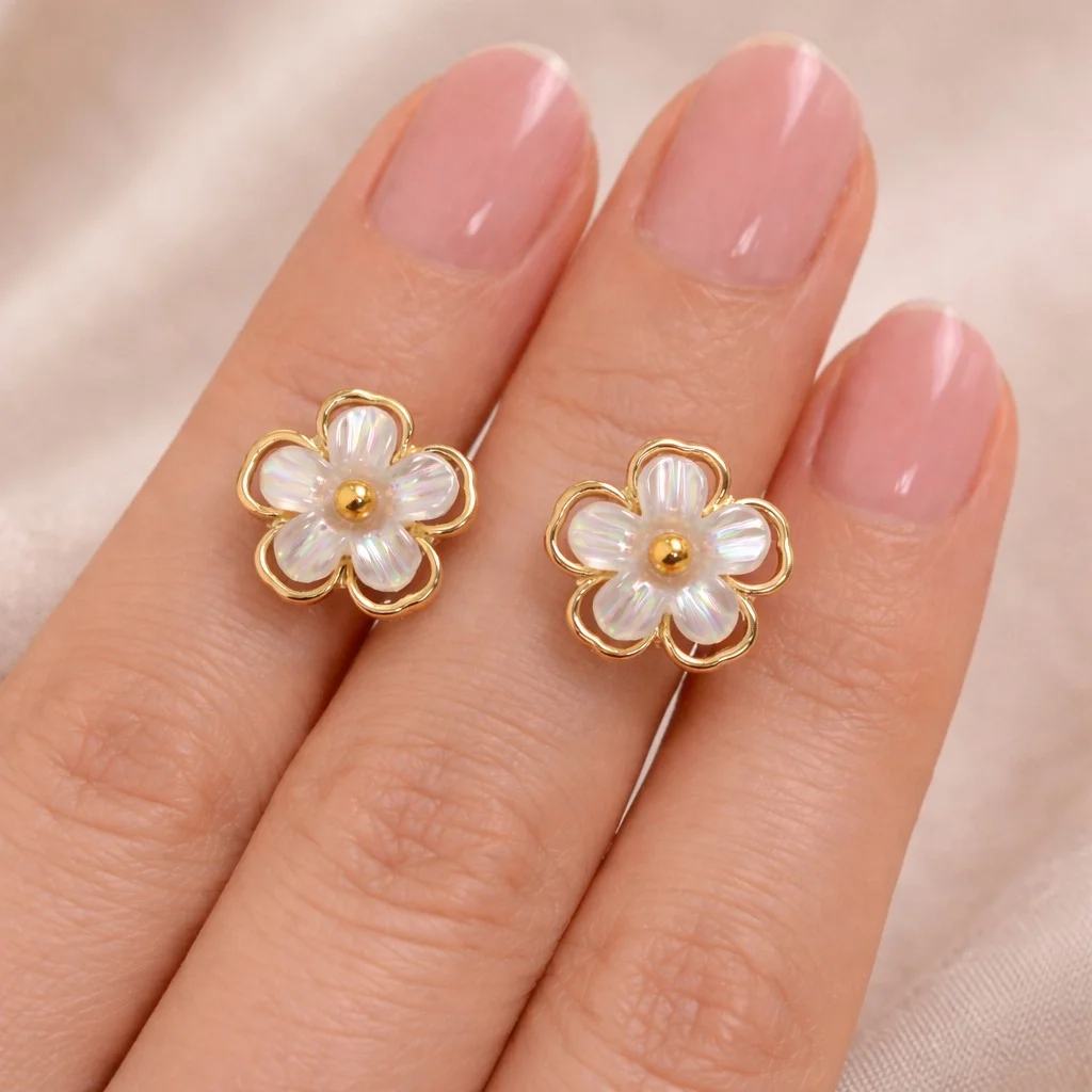 Floral White Flower Stud Earrings for Women with Gold Tone Outline Minimal Everyday Wear Jewellery for Office Party Casual Gifting image 5
