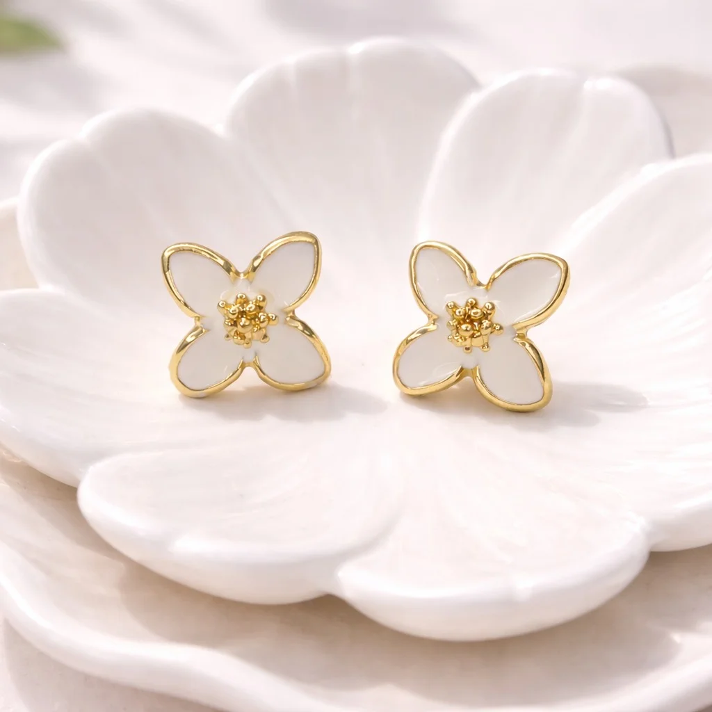 Ethereal Blossom Luxe Stud Earrings White Enamel Floral Petal Design with GoldTrimmed Edges and Delicate Pollen Center Minimalist Romantic Jewelry for Everyday Elegance image 2