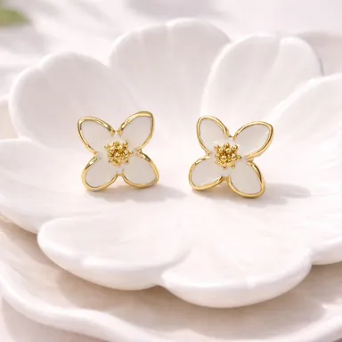 Ethereal Blossom Luxe Stud Earrings White Enamel Floral Petal Design with GoldTrimmed Edges and Delicate Pollen Center Minimalist Romantic Jewelry for Everyday Elegance thumbnail 1