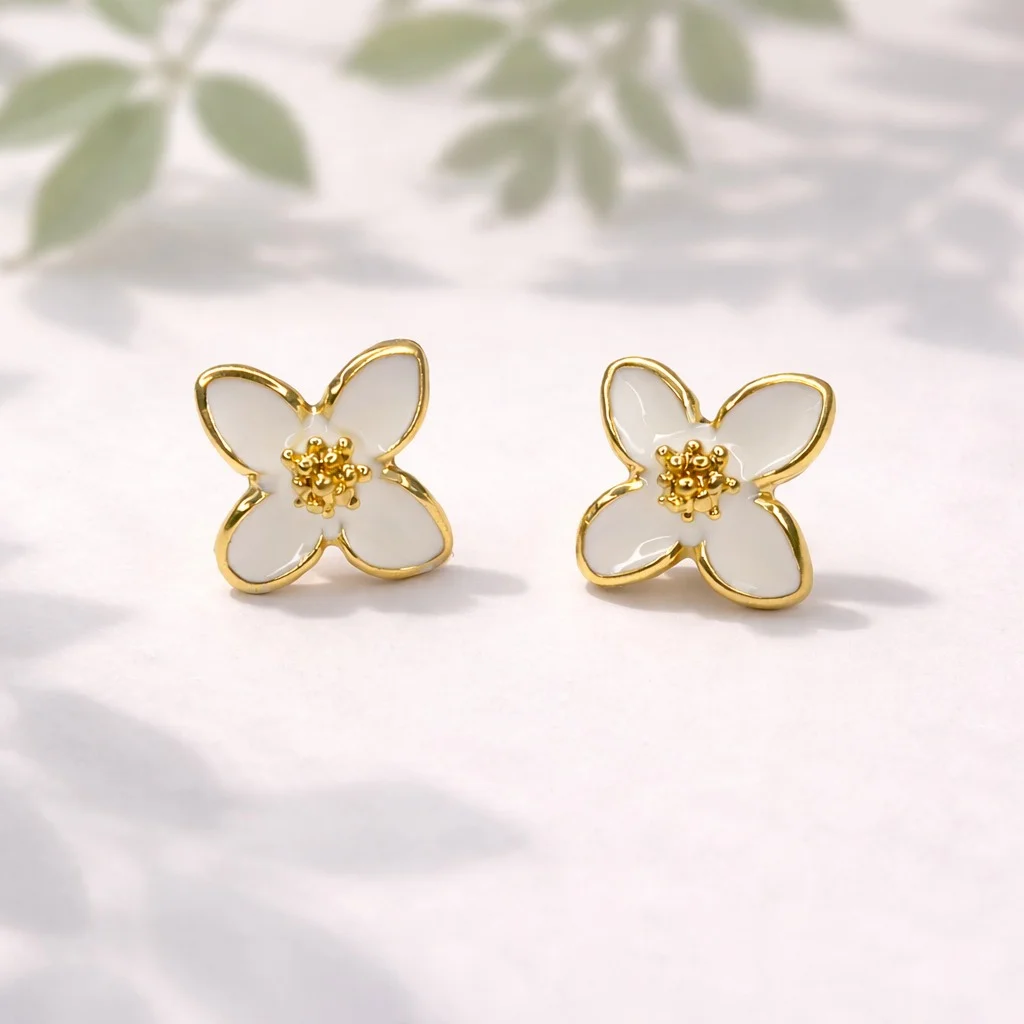 Ethereal Blossom Luxe Stud Earrings White Enamel Floral Petal Design with GoldTrimmed Edges and Delicate Pollen Center Minimalist Romantic Jewelry for Everyday Elegance image 3