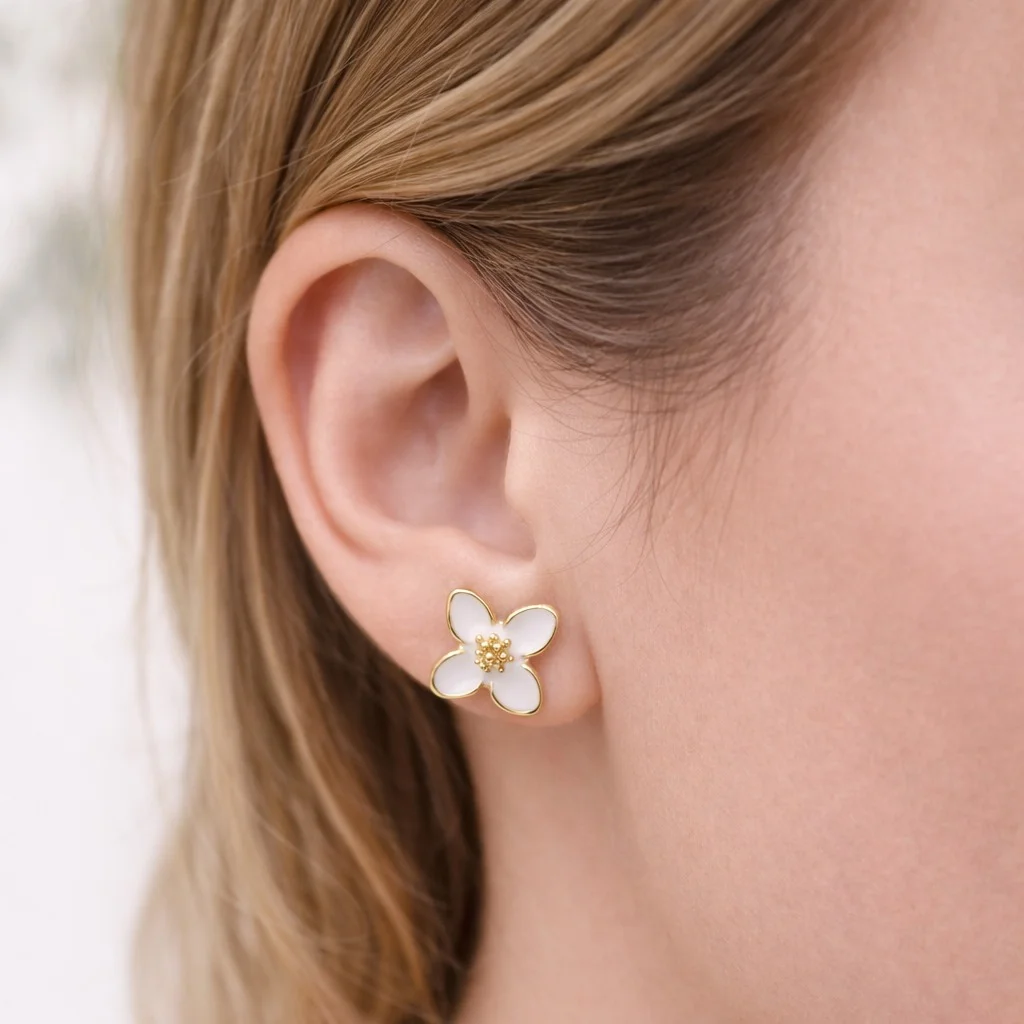 Ethereal Blossom Luxe Stud Earrings White Enamel Floral Petal Design with GoldTrimmed Edges and Delicate Pollen Center Minimalist Romantic Jewelry for Everyday Elegance image 1