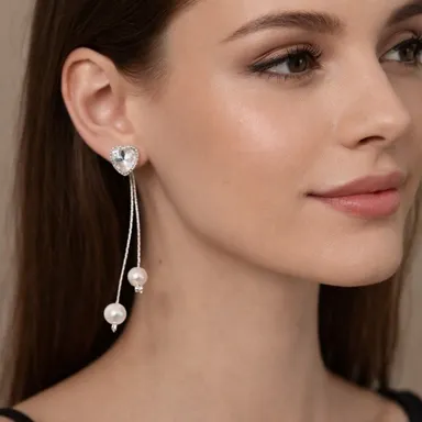 Heart Crystal Pearl Drop Earrings for Women | Elegant Silver Tone Long Chain Earrings with Pearl Beads for Party, Wedding & Gifting thumbnail 1