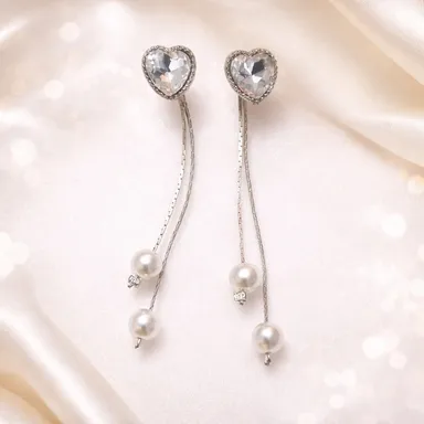 Heart Crystal Pearl Drop Earrings for Women | Elegant Silver Tone Long Chain Earrings with Pearl Beads for Party, Wedding & Gifting thumbnail 2
