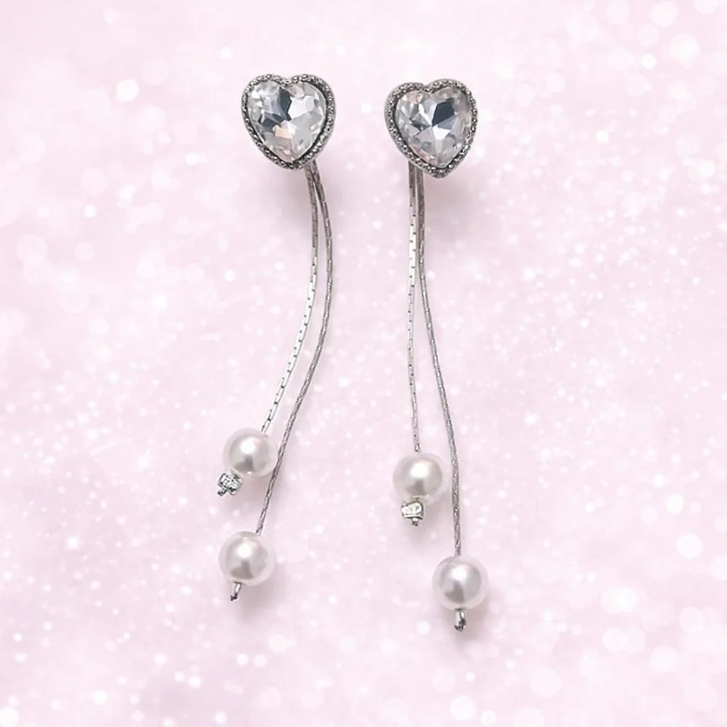 Heart Crystal Pearl Drop Earrings for Women | Elegant Silver Tone Long Chain Earrings with Pearl Beads for Party, Wedding & Gifting image 1