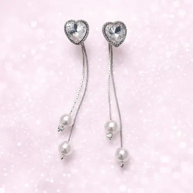 Heart Crystal Pearl Drop Earrings for Women | Elegant Silver Tone Long Chain Earrings with Pearl Beads for Party, Wedding & Gifting thumbnail 0