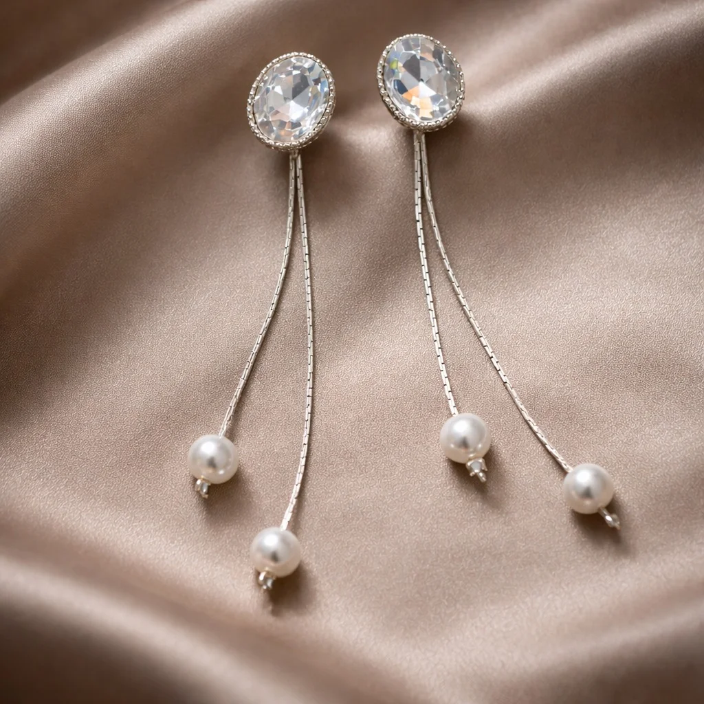 Elegant Crystal & Pearl Long Dangler Earrings for Women – Silver Tone Chain Drop Fashion Jewellery image 2