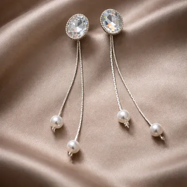 Elegant Crystal & Pearl Long Dangler Earrings for Women – Silver Tone Chain Drop Fashion Jewellery thumbnail 1