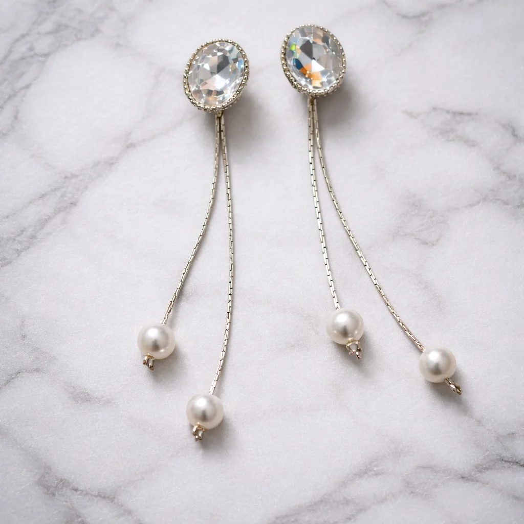 Elegant Crystal & Pearl Long Dangler Earrings for Women – Silver Tone Chain Drop Fashion Jewellery image 4