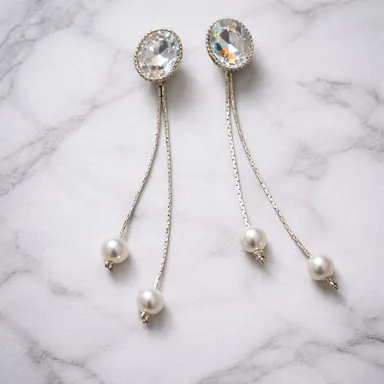 Elegant Crystal & Pearl Long Dangler Earrings for Women – Silver Tone Chain Drop Fashion Jewellery thumbnail 3