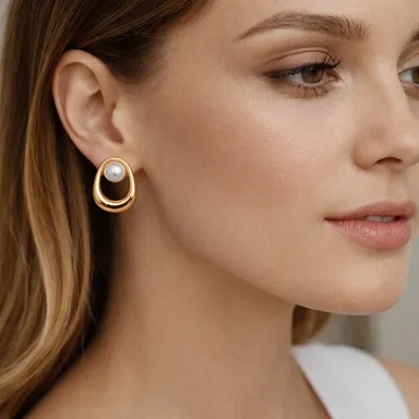 Elegant Gold-Tone Metal Earrings Featuring a Lustrous Pearl Accent and Timeless Sophistication thumbnail 2