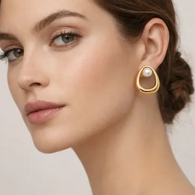 Elegant Gold-Tone Metal Earrings Featuring a Lustrous Pearl Accent and Timeless Sophistication thumbnail 0