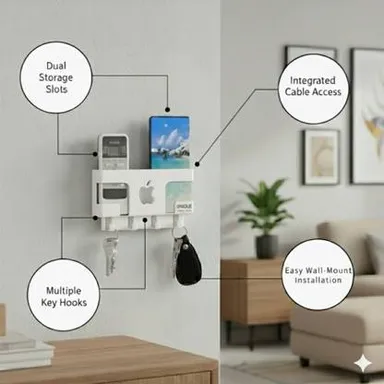 Unique Goods Haven Apple-Shaped No-Drill Wall Mount Mobile Holder in White | Universal Self Adhesive Smartphone Wall Stand for Charging |Storage India thumbnail 2