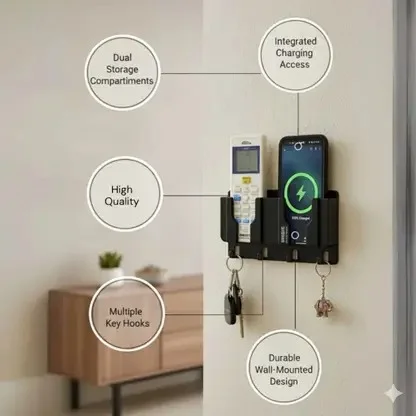 “Wall Mounted Organizer Holder for Remote Control, Mobile Phone, Keys – Multi-Purpose Rack for Home, Kitchen, Office, Black Plastic Storage Stand” image 2