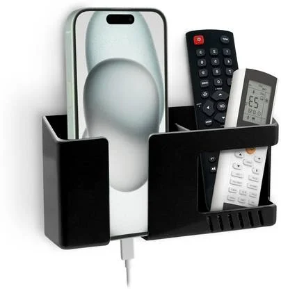 Wall Mounted Phone Holder Remote Stand No Drill Self Adhesive Mobile Charging Organizer Black Universal Wall Mount Holder for Smartphones Remotes Key Cable Storage – Space Saving Phone Wall Stand image 1