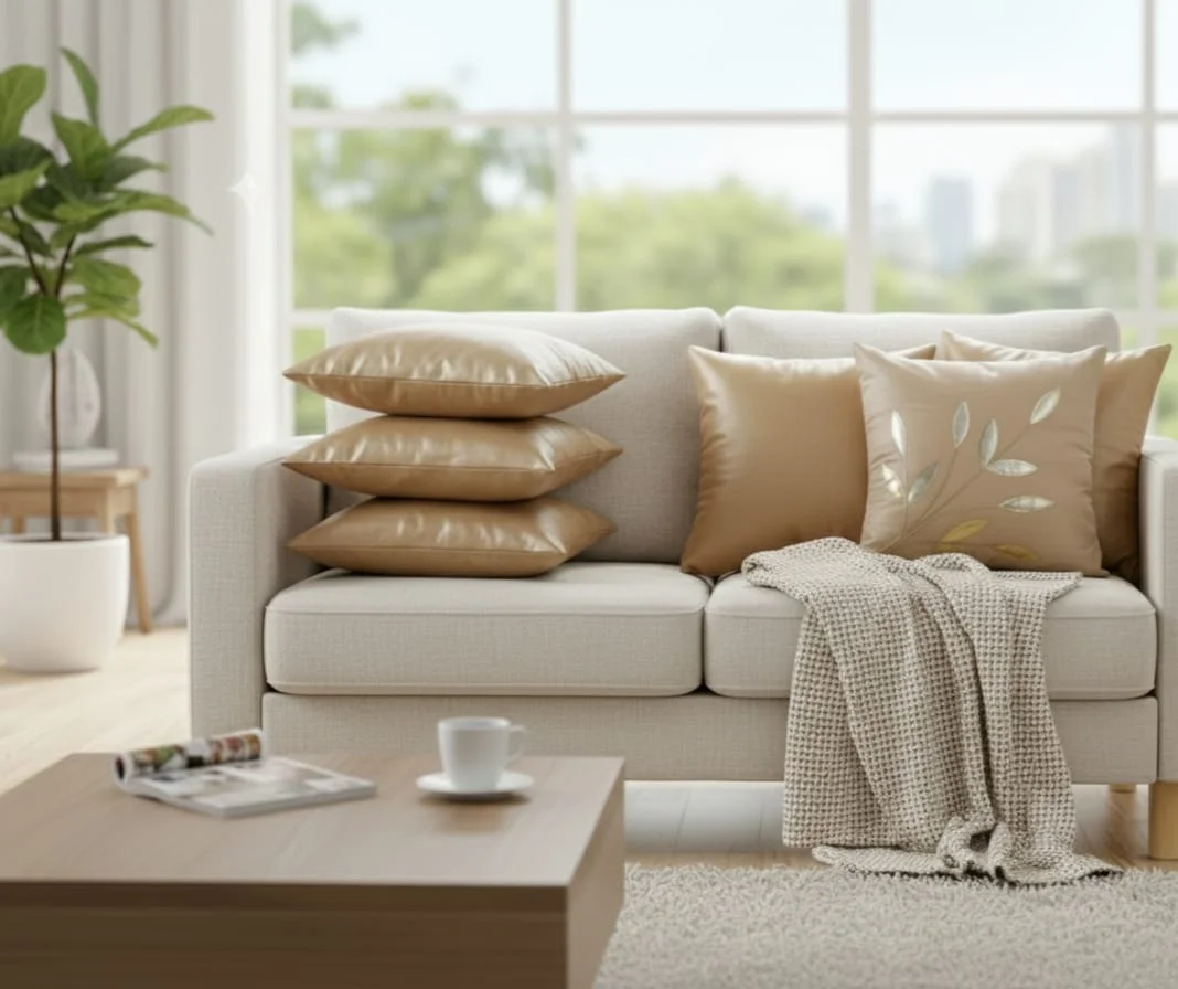 Luxury Neutral Beige Decorative Throw Pillow with Soft Fabric and Elegant Leaf Embroidery for Modern Living Room Sofa image 2