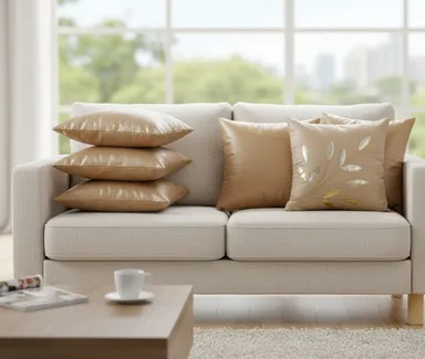 Luxury Neutral Beige Decorative Throw Pillow with Soft Fabric and Elegant Leaf Embroidery for Modern Living Room Sofa thumbnail 2