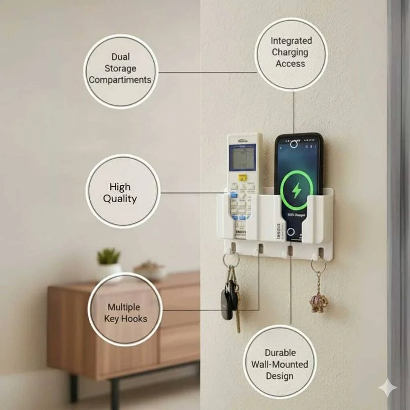 Unique Goods Haven Wall Mounted Mobile Holder with Remote Storage Rack & Key Hooks, No Drill ABS Plastic Phone Stand for Home image 3