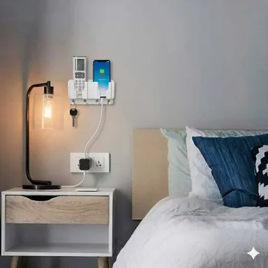 Unique Goods Haven Wall Mounted Mobile Holder with Remote Storage Rack & Key Hooks, No Drill ABS Plastic Phone Stand for Home thumbnail 4