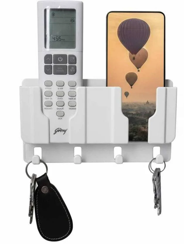 Unique Goods Haven Wall Mounted Mobile Holder with Remote Storage Rack & Key Hooks, No Drill ABS Plastic Phone Stand for Home image 1