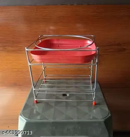 "Stainless Steel Kitchen Rack with Red Plastic Tray, Multi-Purpose Storage Organizer Stand for Plates, Fruits, Vegetables, Utensils – Compact Countertop & Shelf Holder" image 1