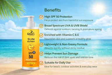 Natural's Care For Beauty Sunscreen Vitamin C & E With SPF-50 (With Glow) 200ml Pack Of 1 thumbnail 3