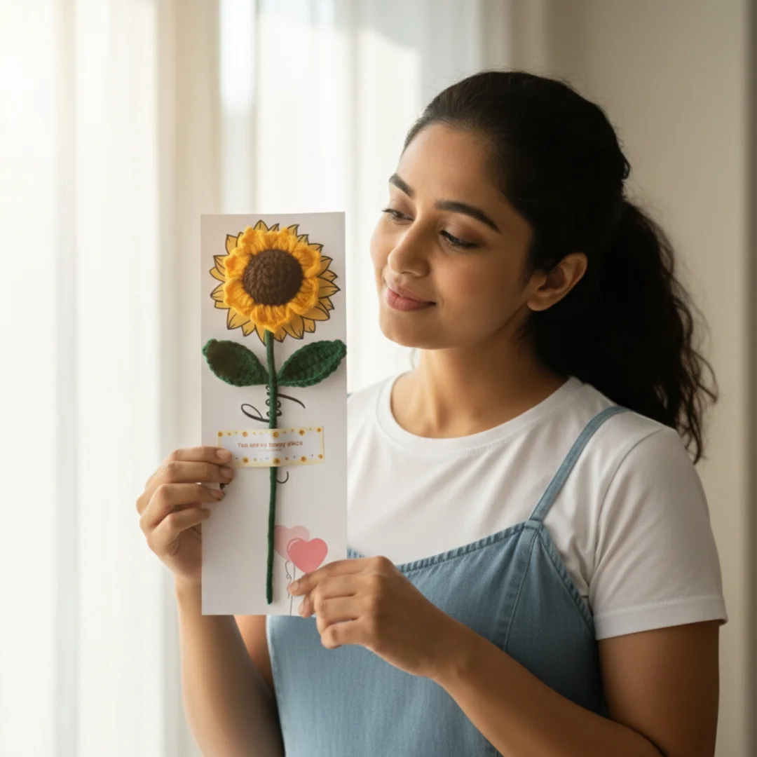 Half Engineer Gifts - HE Crochet Sunflower with Paper Leaf Handmade Gift Single Flower 9 inch for Anniversary Birthday Valentines Day image 4