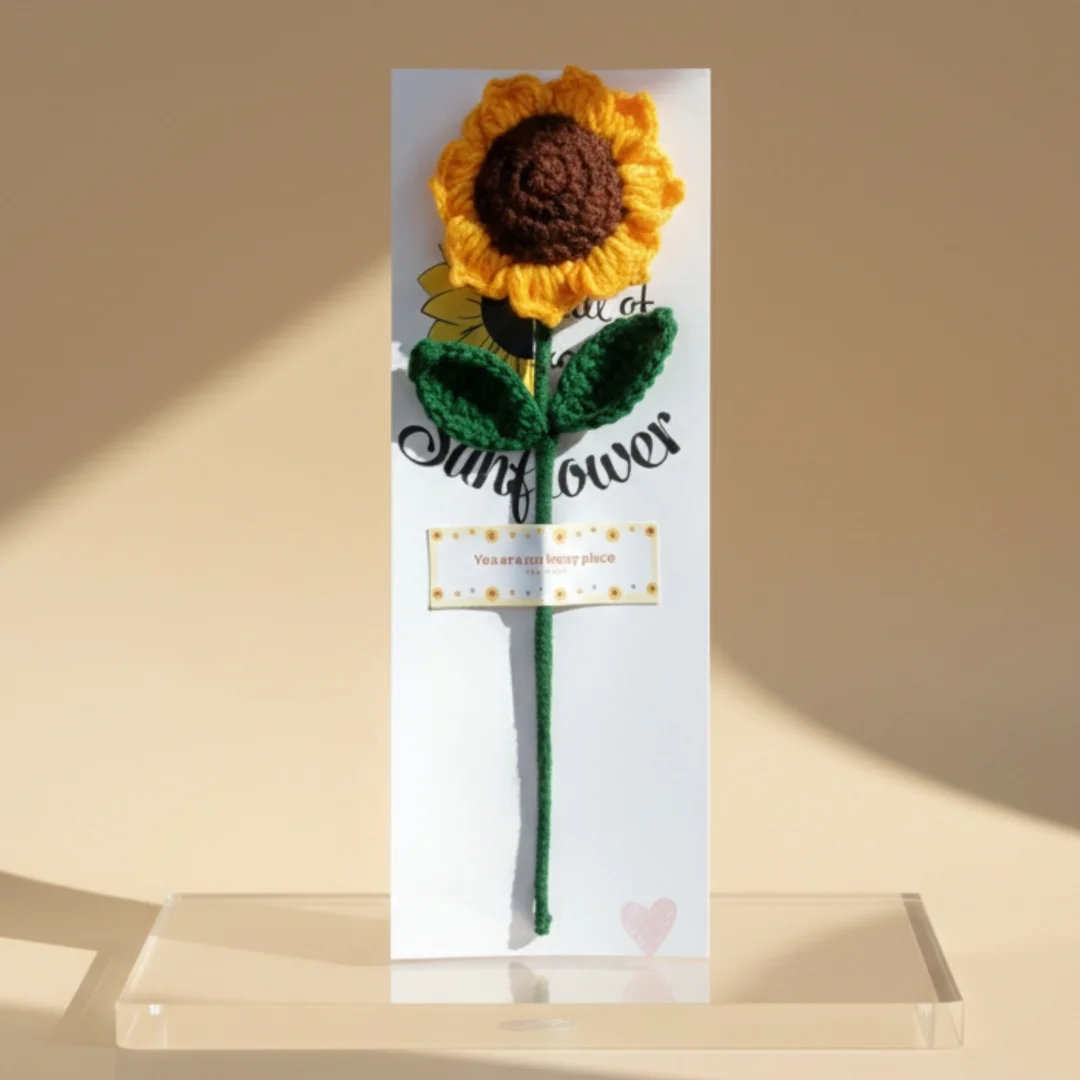 Half Engineer Gifts - HE Crochet Sunflower with Paper Leaf Handmade Gift Single Flower 9 inch for Anniversary Birthday Valentines Day image 1