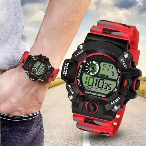 Digital Sports Watch 58mm Large Dial LED Display with Night Light Red Black Camouflage Strap Rugged Outdoor Watch for Men Boys image 1
