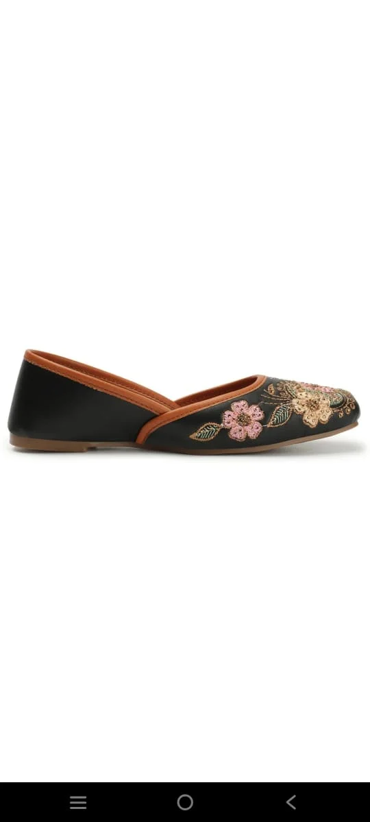 Black Floral Embroidered Women Ethnic Flats Jutti Shoes Traditional Indian Slip-On Ballet Style Handmade Embroidery Comfort Festive Wear image 5