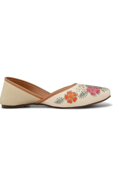 White Floral Embroidered Women Ethnic Flats Jutti Shoes | Traditional Indian Slip-On Ballet Style Handmade Embroidery Comfort Festive Wear thumbnail 1
