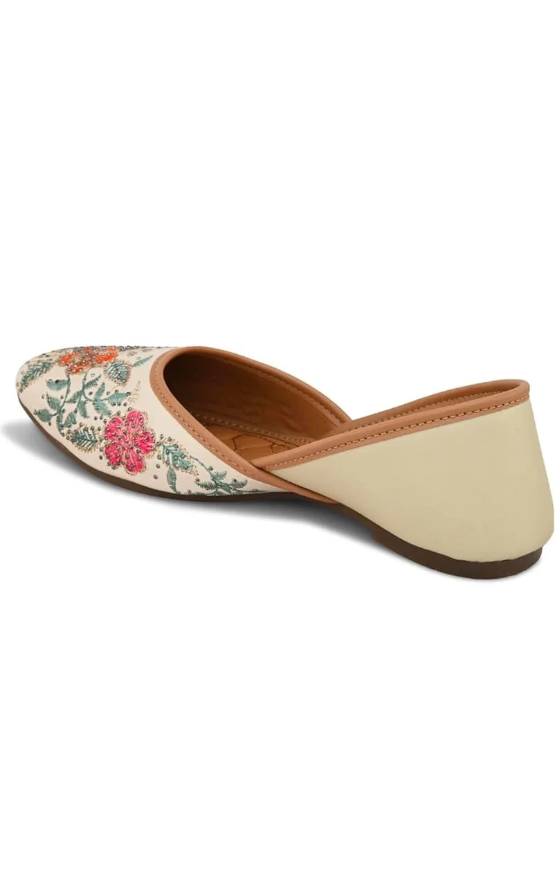 White Floral Embroidered Women Ethnic Flats Jutti Shoes | Traditional Indian Slip-On Ballet Style Handmade Embroidery Comfort Festive Wear image 3