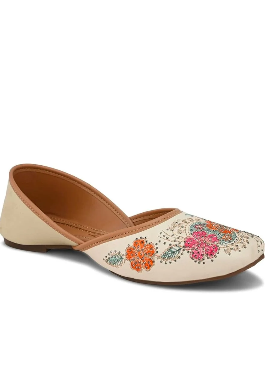 White Floral Embroidered Women Ethnic Flats Jutti Shoes | Traditional Indian Slip-On Ballet Style Handmade Embroidery Comfort Festive Wear image 1