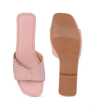 Premium Women’s Square-Toe Flat Slide Sandals Gold Chain Embellished Comfortable Casual Fashion Everyday Summer Footwear Stylish Metallic Accent Trendy Women Shoes thumbnail 1