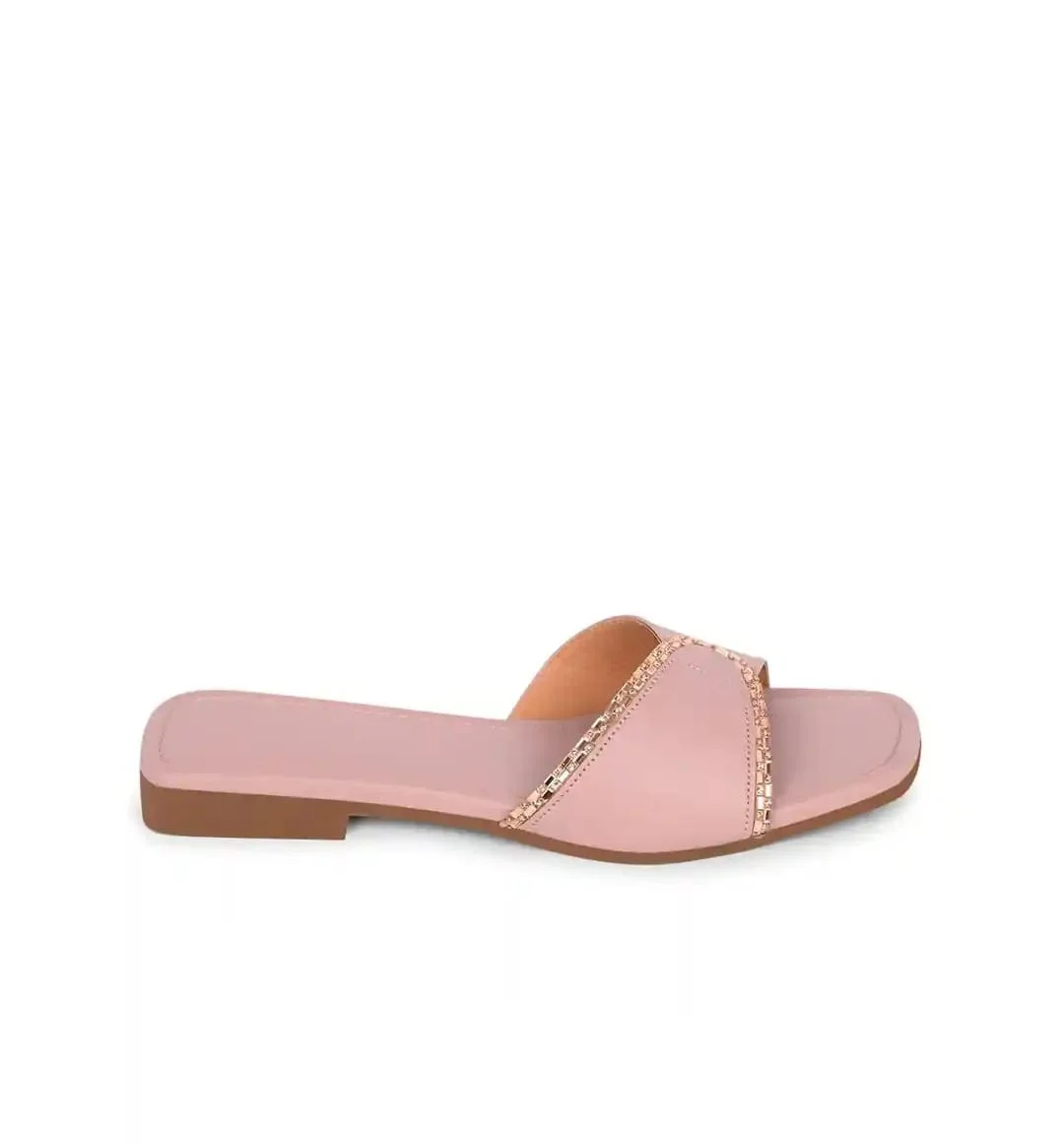 Premium Women’s Square-Toe Flat Slide Sandals Gold Chain Embellished Comfortable Casual Fashion Everyday Summer Footwear Stylish Metallic Accent Trendy Women Shoes image 1