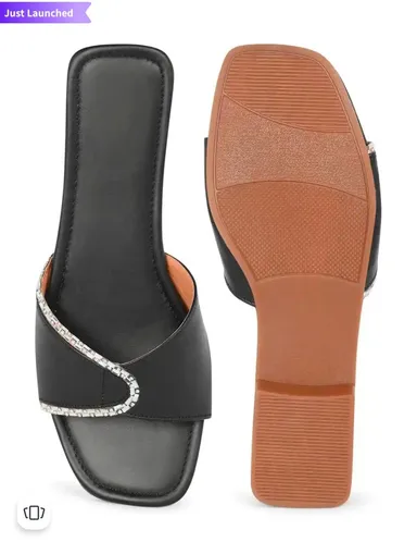Premium Women Square Toe Flat Slide Sandals Black Gold Chain Embellished Comfortable Casual Fashion Everyday Summer Footwear Stylish Metallic Accent Trendy Shoes thumbnail 1
