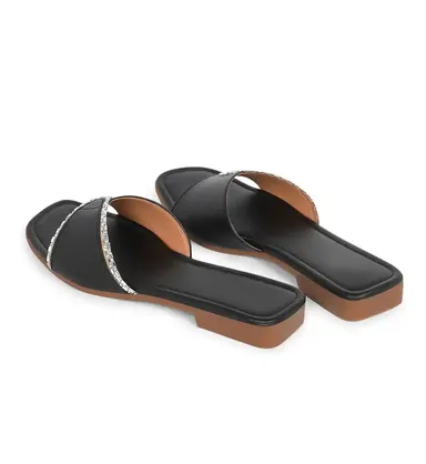 Premium Women Square Toe Flat Slide Sandals Black Gold Chain Embellished Comfortable Casual Fashion Everyday Summer Footwear Stylish Metallic Accent Trendy Shoes thumbnail 2