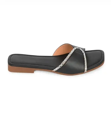Premium Women Square Toe Flat Slide Sandals Black Gold Chain Embellished Comfortable Casual Fashion Everyday Summer Footwear Stylish Metallic Accent Trendy Shoes thumbnail 0