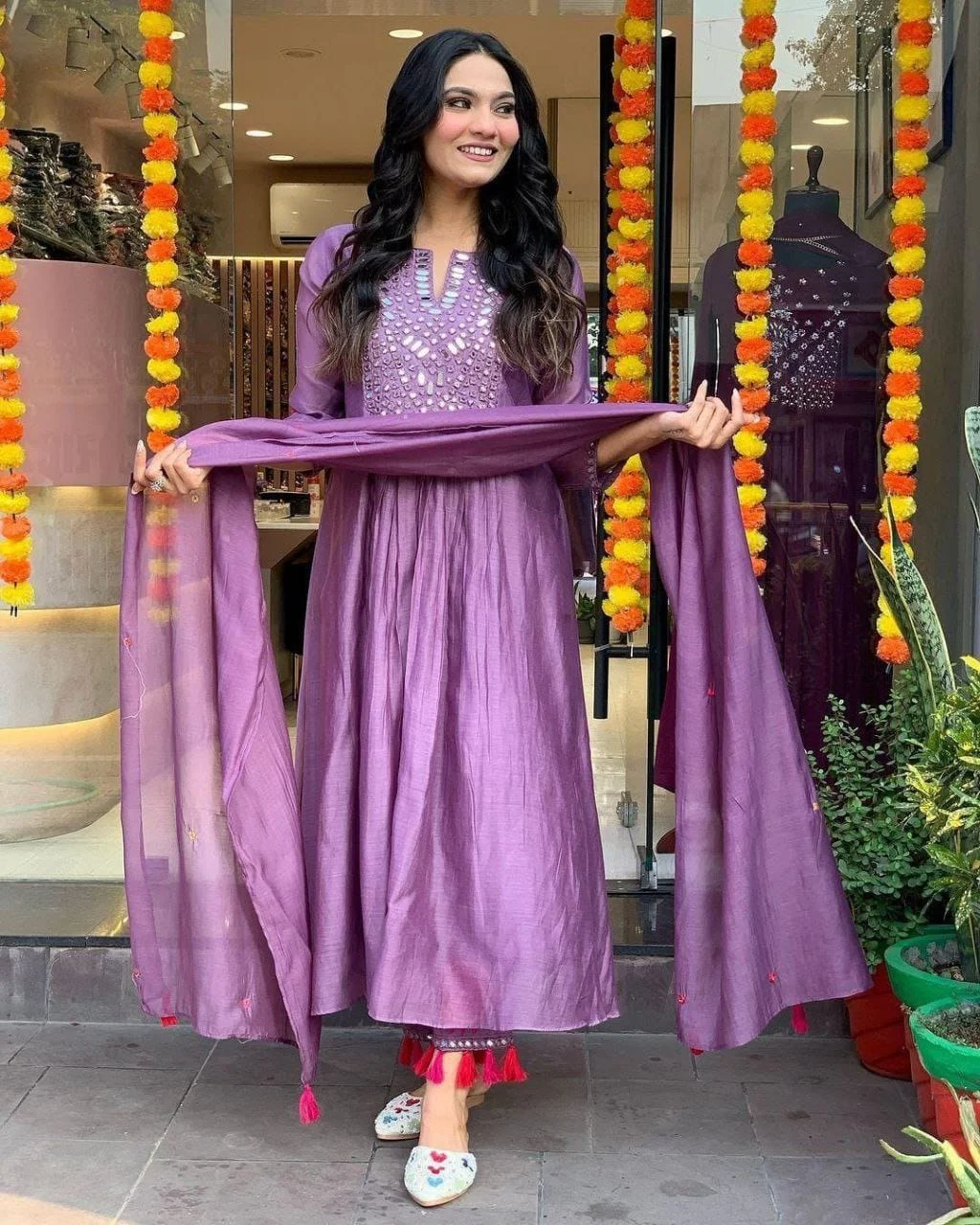 Purple Women Kurti Set Cotton Silk Embroidered Mirror Work Festive Suit with Heavy Neckline, Three Quarter Sleeves, Ethnic Wear Party Outfit Size M image 2